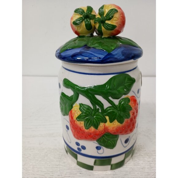 Vintage Ceramic Embossed 3D Strawberry Design Kitchen Storage Container With Lid - Picture 2 of 11